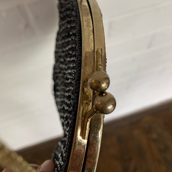 Vintage Black Beaded Evening Clutch Purse w/ Chain - Picture 8 of 10